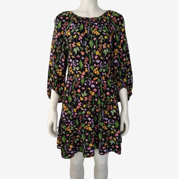 Blue Steel Multicolored Floral Balloon Sleeve Peep Hole Back Fit and Flare - Picture 1 of 11